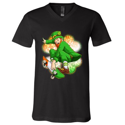 Happy St Patricks Day Skateboarding Leprechaun V-Neck T-Shirt