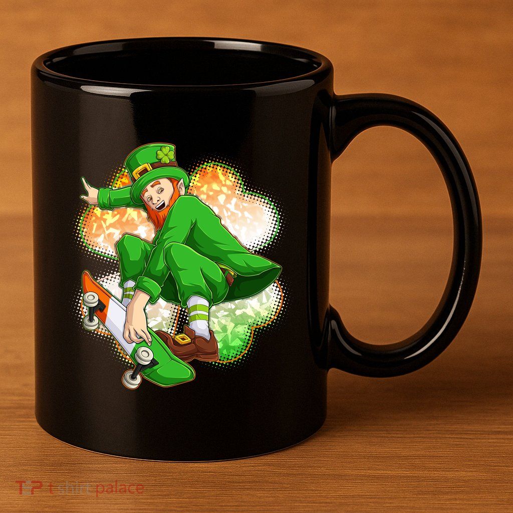 Happy St Patricks Day Skateboarding Leprechaun 11oz C Handle Ceramic Mug