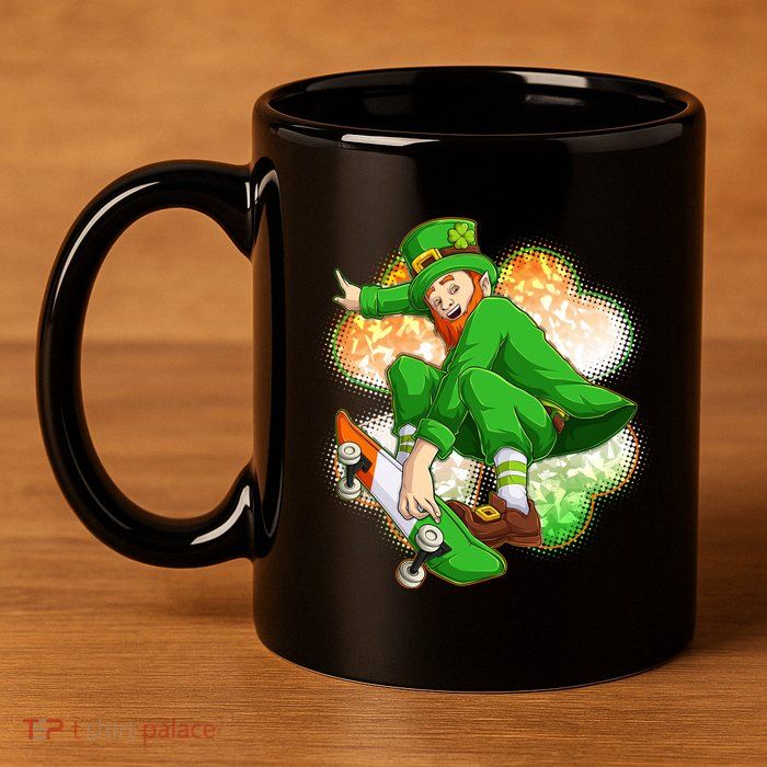 Happy St Patricks Day Skateboarding Leprechaun 11oz C Handle Ceramic Mug