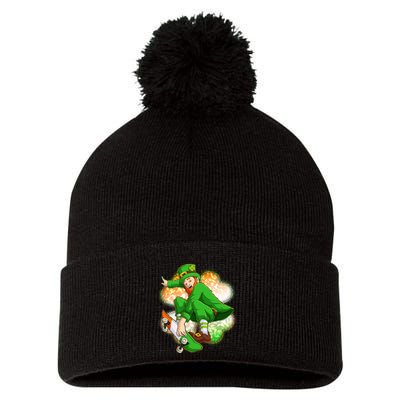 Happy St Patricks Day Skateboarding Leprechaun Pom Pom 12in Knit Beanie