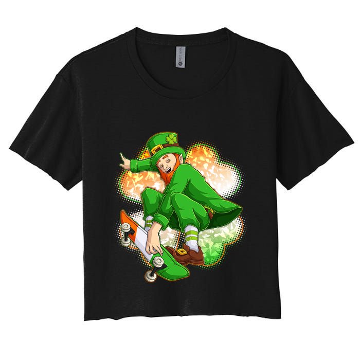 Happy St Patricks Day Skateboarding Leprechaun Women's Crop Top Tee