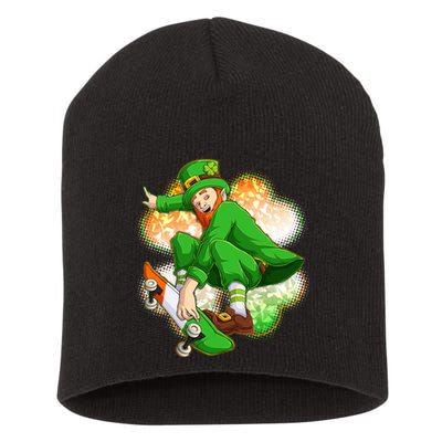 Happy St Patricks Day Skateboarding Leprechaun Short Acrylic Beanie