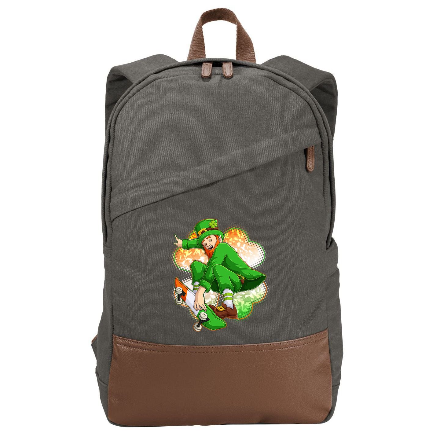 Happy St Patricks Day Skateboarding Leprechaun Cotton Canvas Backpack