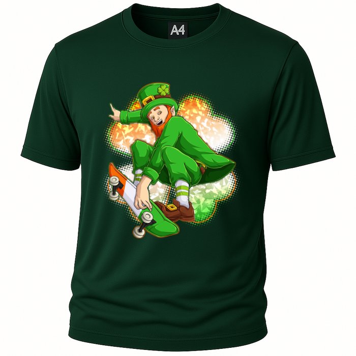 Happy St Patricks Day Skateboarding Leprechaun Cooling Performance Crew T-Shirt