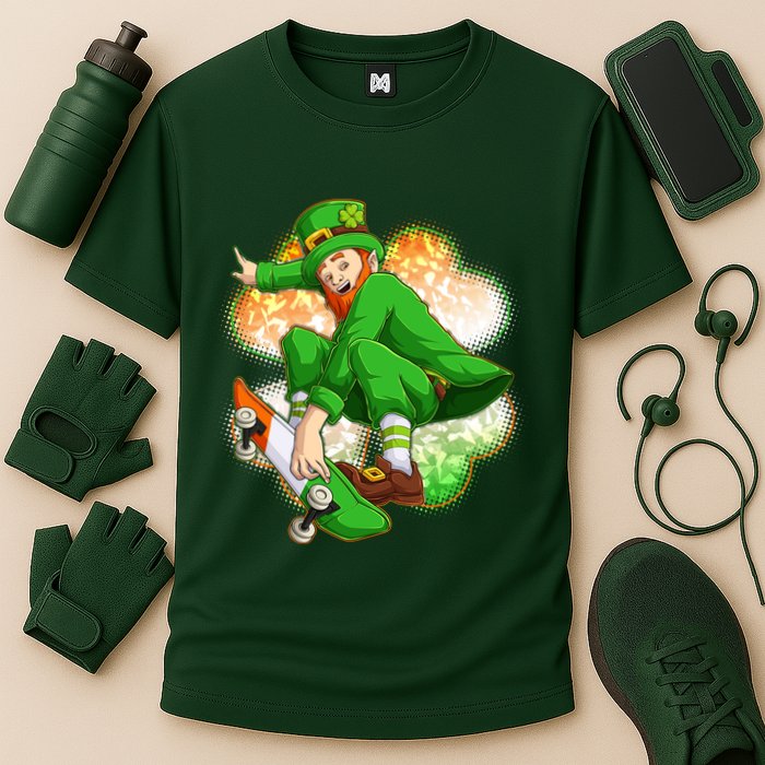 Happy St Patricks Day Skateboarding Leprechaun Cooling Performance Crew T-Shirt