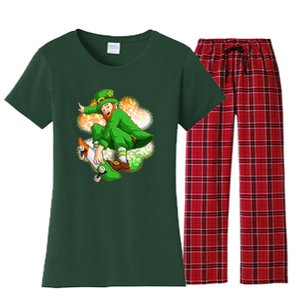 Happy St Patricks Day Skateboarding Leprechaun Women's Flannel Pajama Set