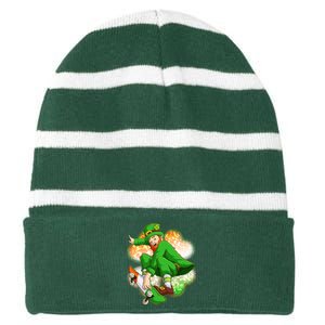 Happy St Patricks Day Skateboarding Leprechaun Striped Beanie with Solid Band