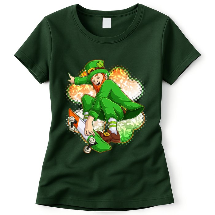 Happy St Patricks Day Skateboarding Leprechaun Womens T-Shirt