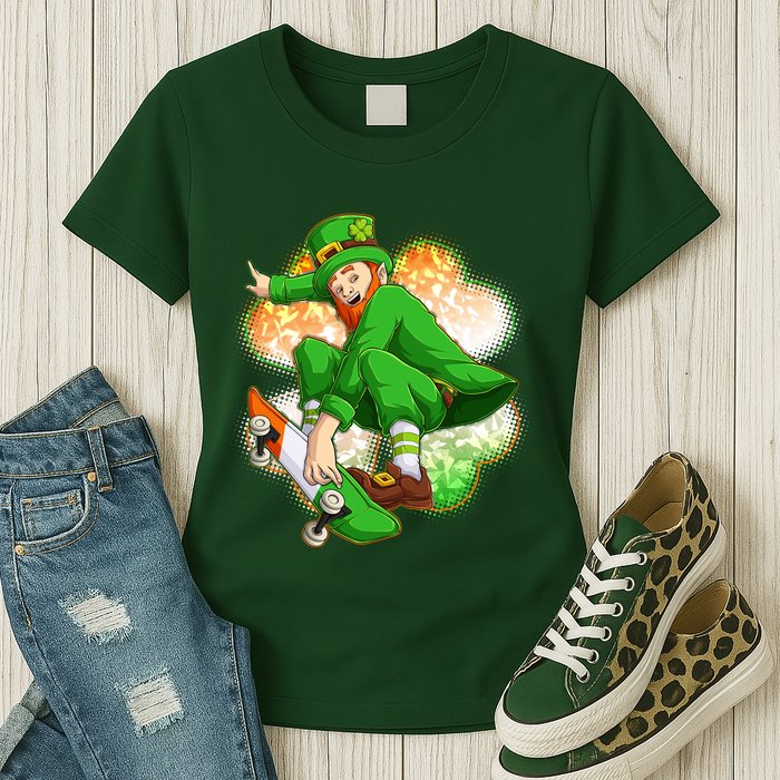Happy St Patricks Day Skateboarding Leprechaun Womens T-Shirt