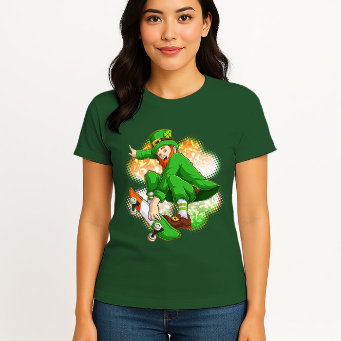 Happy St Patricks Day Skateboarding Leprechaun Womens T-Shirt