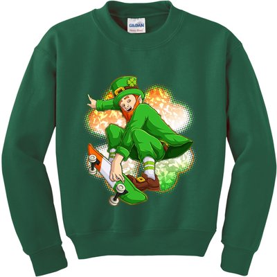 Happy St Patricks Day Skateboarding Leprechaun Kids Sweatshirt