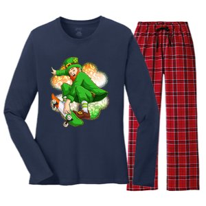 Happy St Patricks Day Skateboarding Leprechaun Women's Long Sleeve Flannel Pajama Set 