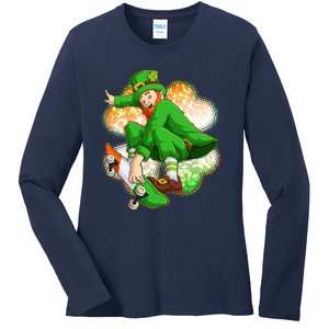 Happy St Patricks Day Skateboarding Leprechaun Ladies Long Sleeve Shirt