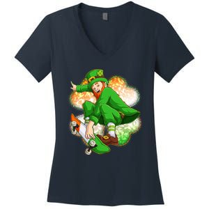 Happy St Patricks Day Skateboarding Leprechaun Women's V-Neck T-Shirt