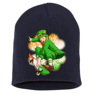 Happy St Patricks Day Skateboarding Leprechaun Short Acrylic Beanie