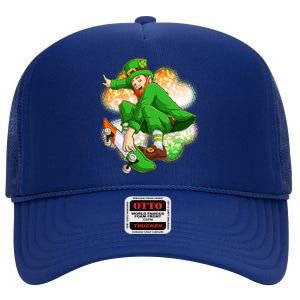 Happy St Patricks Day Skateboarding Leprechaun High Crown Mesh Back Trucker Hat