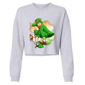 Happy St Patricks Day Skateboarding Leprechaun Cropped Pullover Crew