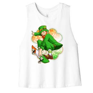 Happy St Patricks Day Skateboarding Leprechaun Women's Racerback Cropped Tank