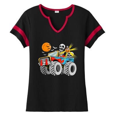 Halloween Skeleton Riding Monster Truck Gift Ladies Halftime Notch Neck Tee