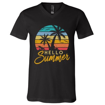 Hello Summer Retro Beach Vacation V-Neck T-Shirt