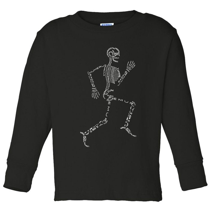 Human Skeleton Running Bone Names Anatomy Labels for Geeks Toddler Long Sleeve Shirt