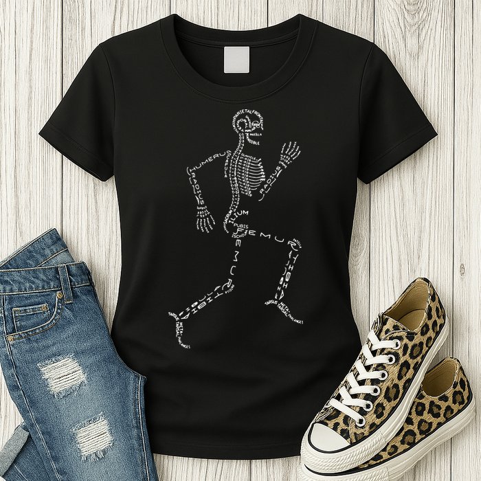Human Skeleton Running Bone Names Anatomy Labels for Geeks Womens T-Shirt