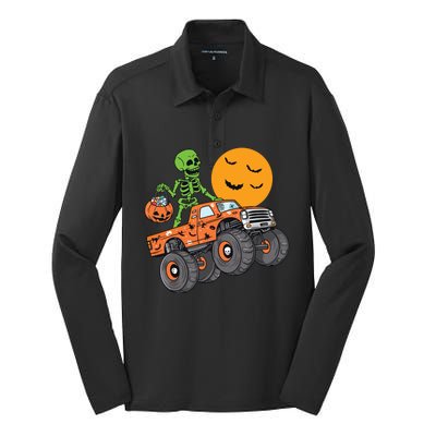 Halloween Skeleton Riding Monster Truck Boy Kids Silk Touch Performance Long Sleeve Polo