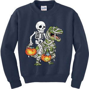 Halloween Skeleton Riding Mummy Dinosaur T Rex Funny Pumpkin Kids Sweatshirt