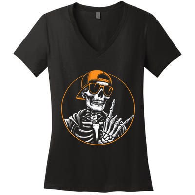 Halloween Skeleton Rock Hand Rocker Women's V-Neck T-Shirt