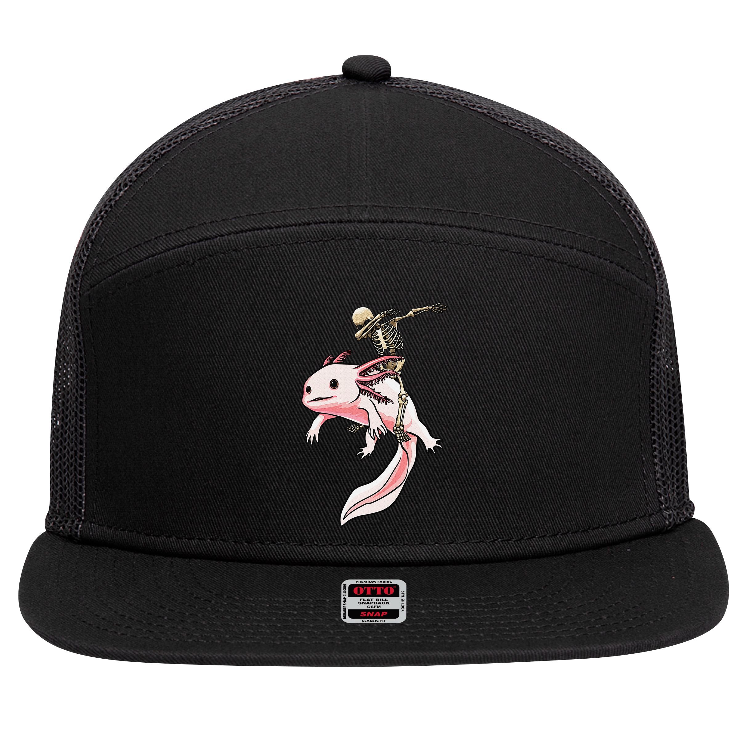 Halloween Skeleton Riding Axolotl Cute 7 Panel Mesh Trucker Snapback Hat