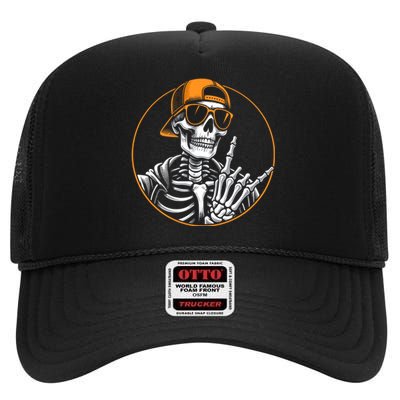 Halloween Skeleton Rock Hand Rocker Rock Music High Crown Mesh Back Trucker Hat