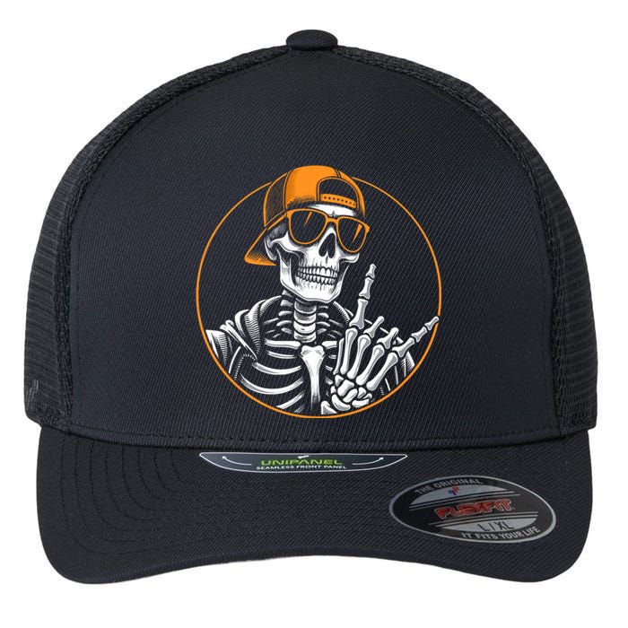 Halloween Skeleton Rock Hand Rocker Rock Music Flexfit Unipanel Trucker Cap