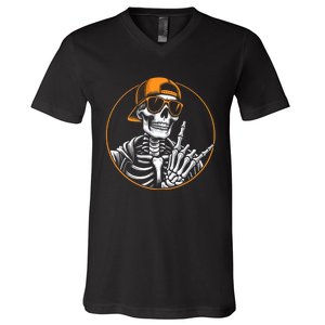 Halloween Skeleton Rock Hand Rocker Rock Music V-Neck T-Shirt