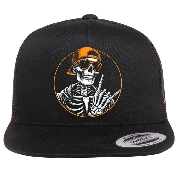 Halloween Skeleton Rock Hand Rocker Rock Music Flat Bill Trucker Hat