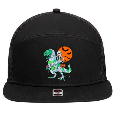 Halloween Skeleton Riding Trex Dinosaur Meaningful Gift 7 Panel Mesh Trucker Snapback Hat