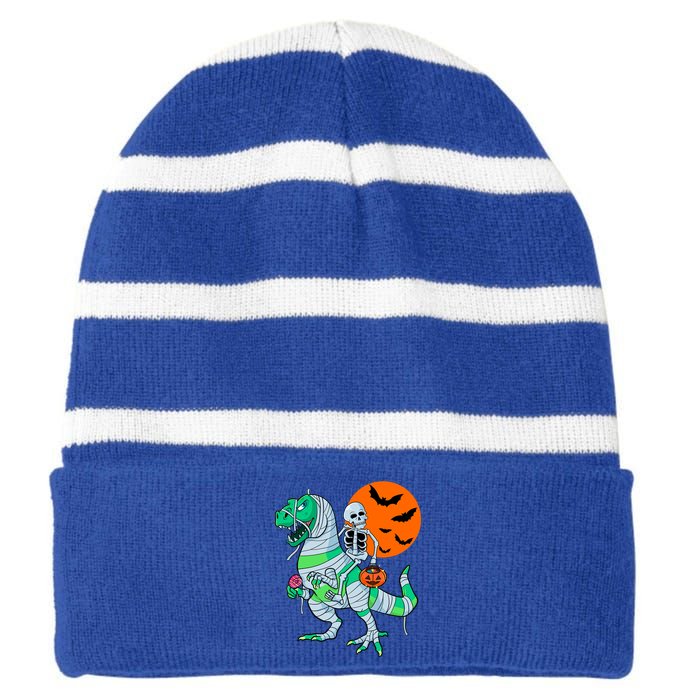 Halloween Skeleton Riding Trex Dinosaur Meaningful Gift Striped Beanie with Solid Band