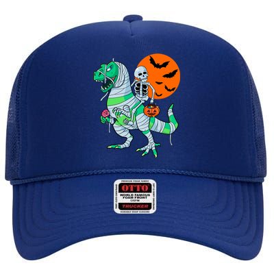 Halloween Skeleton Riding Trex Dinosaur Meaningful Gift High Crown Mesh Back Trucker Hat