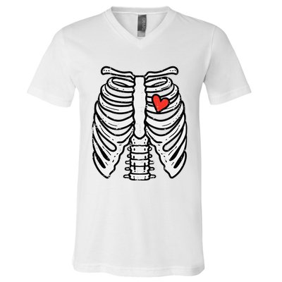 Halloween Skeleton Rib Cage Heart Costume V-Neck T-Shirt