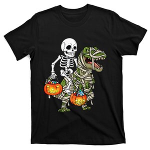 Halloween Skeleton Riding Mummy Dinosaur T Rex Funny Pumpkin T-Shirt