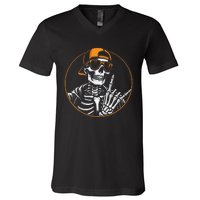 Halloween Skeleton Rock Hand Rocker V-Neck T-Shirt