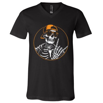 Halloween Skeleton Rock Hand Rocker V-Neck T-Shirt