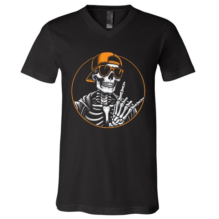 Halloween Skeleton Rock Hand Rocker V-Neck T-Shirt