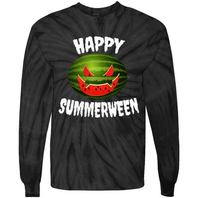 Happy Summerween Retro Watermelon Jack O Lantern Tie-Dye Long Sleeve Shirt