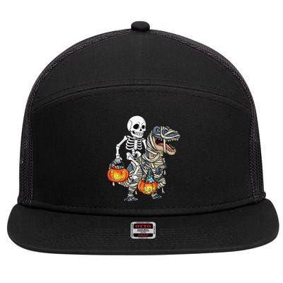 Halloween Skeleton Riding Mummy Dinosaur T Rex Funny Pumpkin 7 Panel Mesh Trucker Snapback Hat