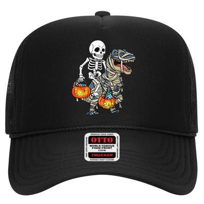 Halloween Skeleton Riding Mummy Dinosaur T Rex Funny Pumpkin High Crown Mesh Back Trucker Hat