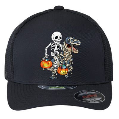 Halloween Skeleton Riding Mummy Dinosaur T Rex Funny Pumpkin Flexfit Unipanel Trucker Cap