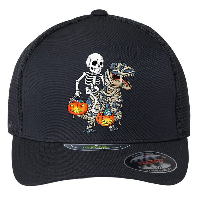 Halloween Skeleton Riding Mummy Dinosaur T Rex Funny Pumpkin Flexfit Unipanel Trucker Cap