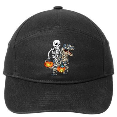 Halloween Skeleton Riding Mummy Dinosaur T Rex Funny Pumpkin 7-Panel Snapback Hat