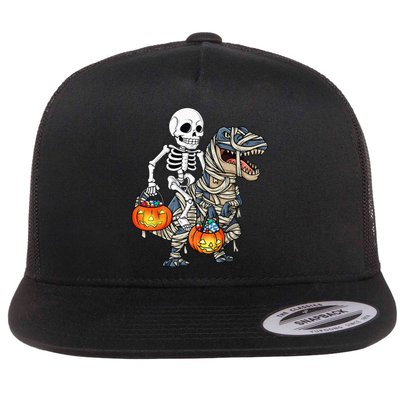 Halloween Skeleton Riding Mummy Dinosaur T Rex Funny Pumpkin Flat Bill Trucker Hat