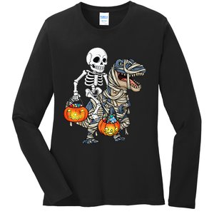 Halloween Skeleton Riding Mummy Dinosaur T Rex Funny Pumpkin Ladies Long Sleeve Shirt